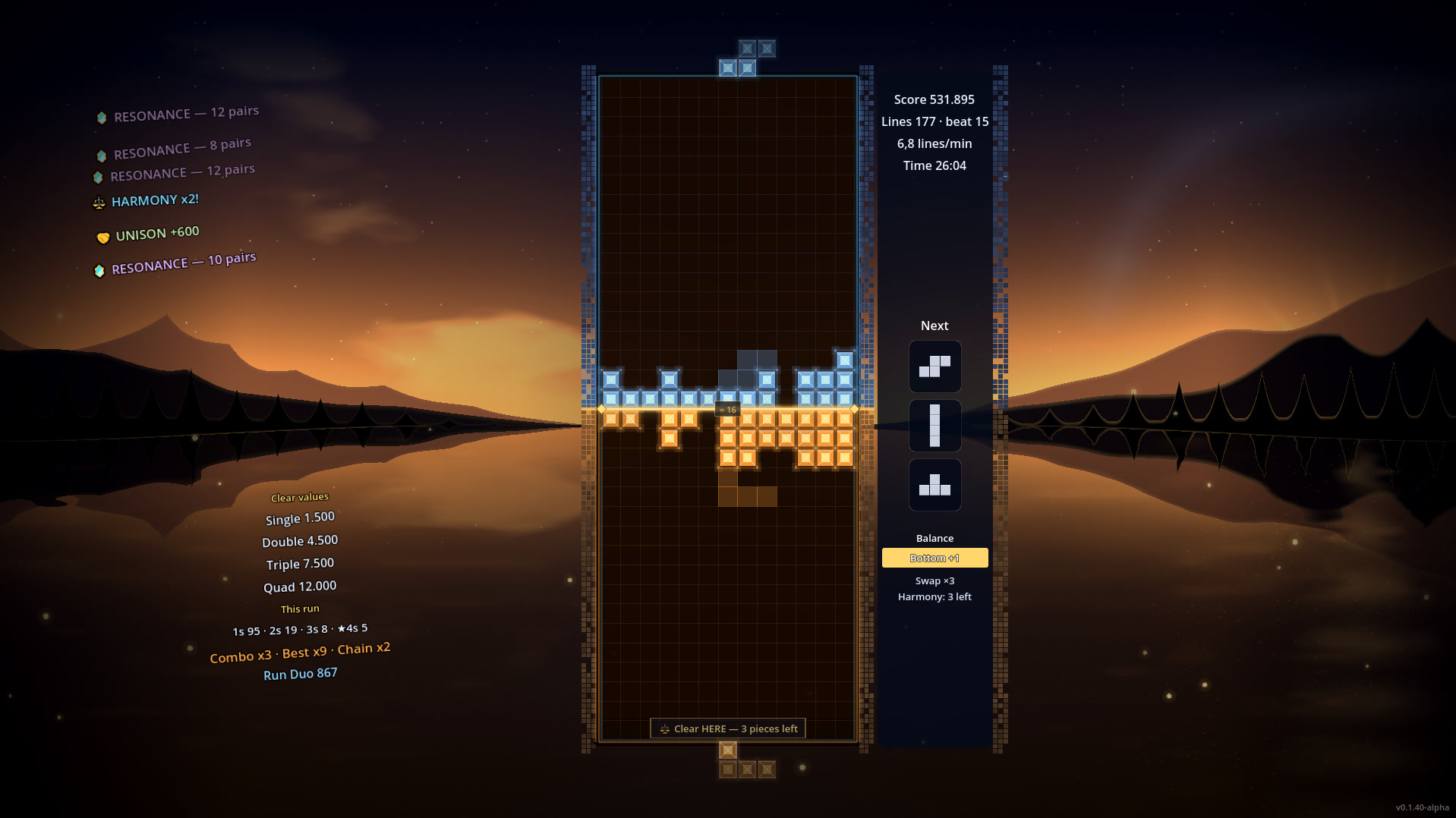 DuoFall: unison bonus at sunset above the dual playfield